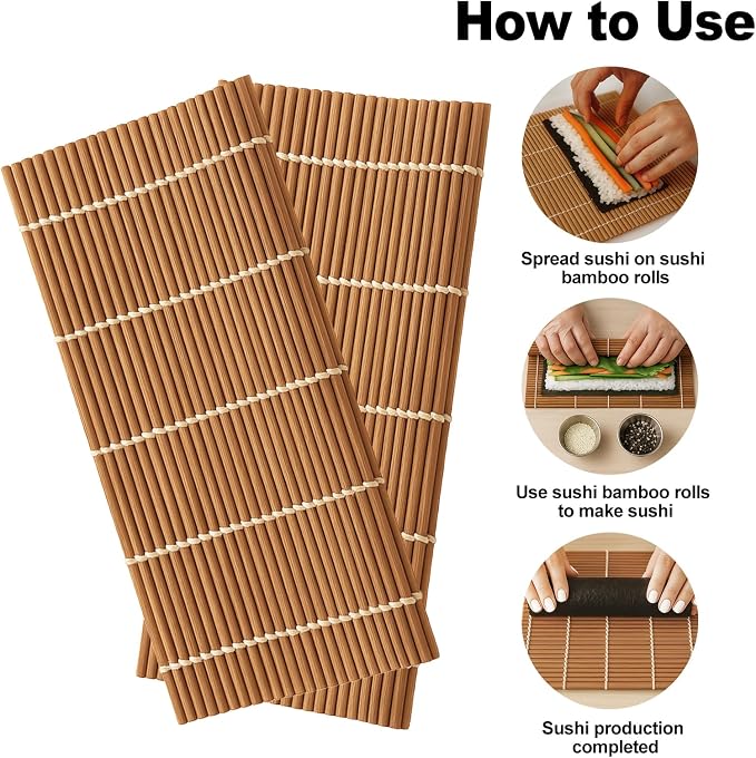 2PCS Bamboo Sushi Rolling Mat, Sushi roll maker, Sushi making kit, Bamboo Sushi Rolling Mat Carbonized Color (light brown, 2pcs)