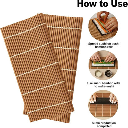 2PCS Bamboo Sushi Rolling Mat, Sushi roll maker, Sushi making kit, Bamboo Sushi Rolling Mat Carbonized Color (light brown, 2pcs)