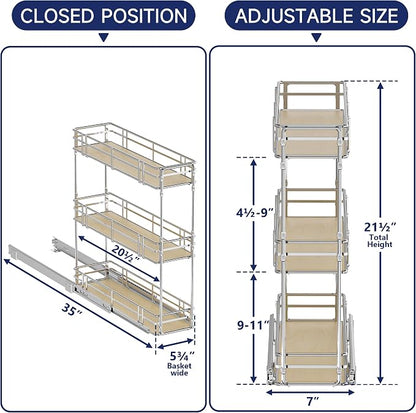 7" W x 20.5" D 3-Tier Pull Out Spice Rack Organizer, Solid Wood Base Slide Out Cabinet Shelf for Narrow Kitchen Cabinets, Chrome Pantry Storage