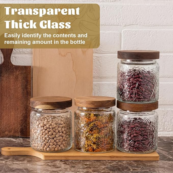 Suclain 6 Pcs 17 OZ Vintage Glass Jar with Acacia Wood Lids Airtight Glass Storage Canisters Kitchen Spice Jars Food Storage Containers for Pantry Coffee Grains Tea Sugar Flour(Morning Glory)