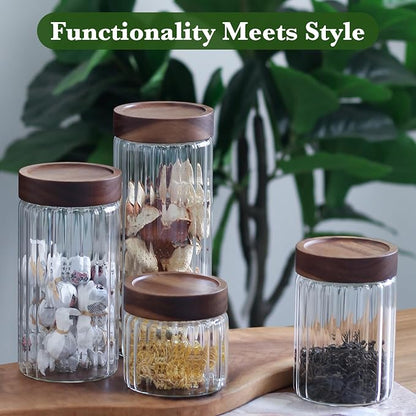 Decorative Borosilicate Glass Jar with Screw Top Airtight Wooden Lid, 54 oz/1600ml Leak Resistant Food Storage Canister, Wide Mouth Container for Cereal Coffee Tea Cookie Candy Coffee Pods Pet Treat