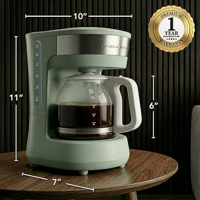 OVENTE 12-Cup Drip Coffee Maker with Borosilicate Glass Carafe, One-Touch Operation Machine, Anti-Drip System, Reusable Filter and Clear View Water Gauge, Ideal for Home or Office, Light Teal CM412LBL