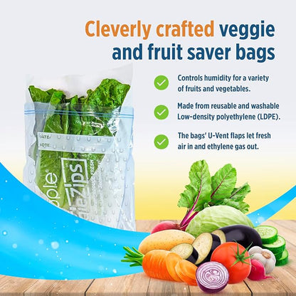 Bluapple Produce Saver Ethylene Gas Absorber - Fresh Fruit & Vegetable Storage with VeggieZips Humidity Control Storage Bag, Kitchen Must Haves, Produce Storage, Minimizes Waste, BPA Free - Value Pack