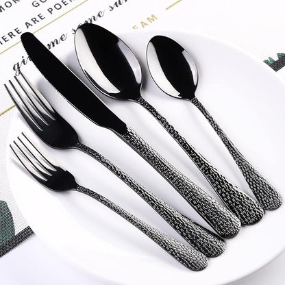 40 Piece Forged Black Flatware Set for 8 SANLUNS Stainless Steel Heavy Hammered Silverware Fine Dining Utensils Tableware Unique Cutlery Knives Forks Spoons,Reusable Holiday Gifts Mirror Dishwasher