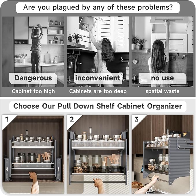 Pull Down Shelf Organizer, 22''~24'', White | Heavy Duty, Kitchen Upper Cabinet, 2-Tier, Adjustable Width, for Kitchen Upper Cabinet