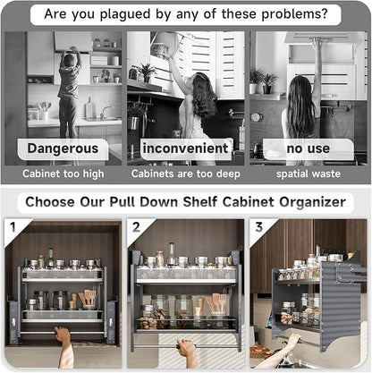 Pull Down Shelf Organizer, 30''~32'', White | Heavy Duty, Kitchen Upper Cabinet, 2-Tier, Adjustable Width, for Kitchen Upper Cabinet