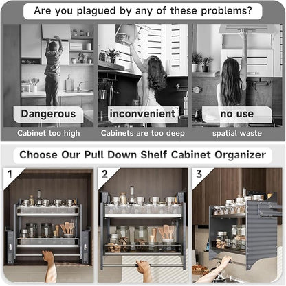 Pull Down Shelf Organizer, 33.8''~35.8'', White | Heavy Duty, Kitchen Upper Cabinet, 2-Tier, Adjustable Width, for Kitchen Upper Cabinet