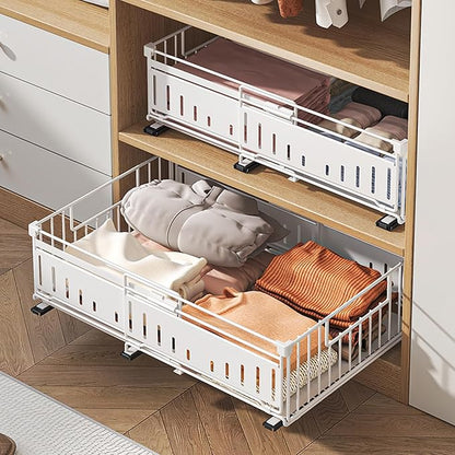 Expandable Pull Out Cabinet Organiser, No Drill Adhesive Slide Out Kitchen Drawer Shelf Durable Metal for Under Sink, Cupboard, Pantry, Adjustable Width (12.8"-19.7") (Style A White, 2 Pack)
