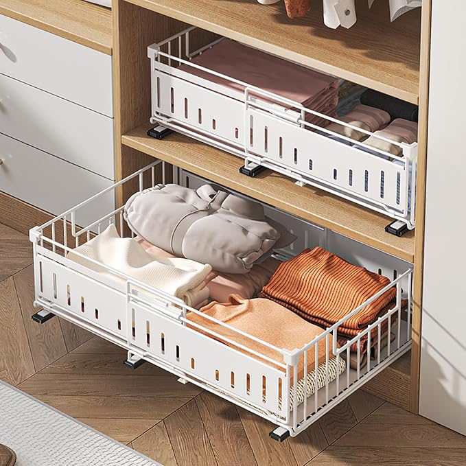 Expandable Pull Out Cabinet Organiser, No Drill Adhesive Slide Out Kitchen Drawer Shelf Durable Metal for Under Sink, Cupboard, Pantry, Adjustable Width (12.8"-19.7") (Style A Black, 2 Pack)