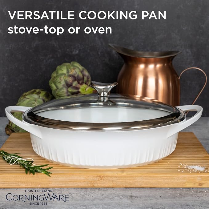 CorningWare QuickHeat 4-QT Cast Aluminum Braiser With Lid, Nonstick Ceramic Interior, Lightweight and Fast Even Heat Baking & Cooking, For Meats, Soup, Browning, Searing, French White