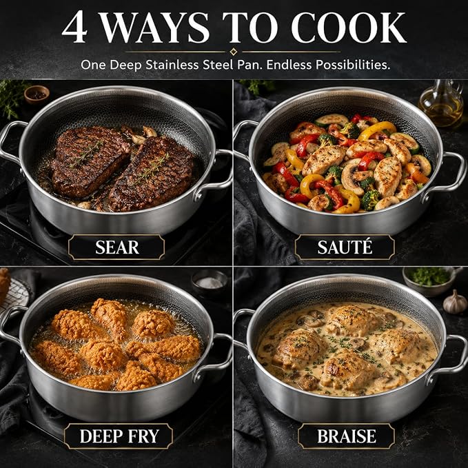 Tri-Ply Stainless Steel 7 Quarts Saute Pan, 12 Inch Nonstick Skillet with lids, Fast even Heat cookware, Hybird Large Frying Pan, 18/10 Chef's Cooking Pan, Induction Pan, Dishwasher and Oven Safe