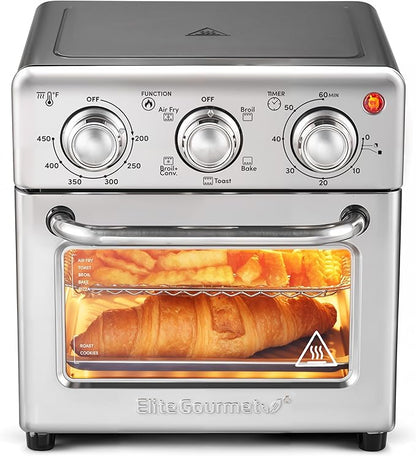 Elite Gourmet Compact 8.5Qt Air Fryer Oven – Mini Countertop Air Fryer with Adjustable Time & Temperature Controls, 800W, Includes Air Fry Basket, Bake Pan & Recipes, Stainless Steel