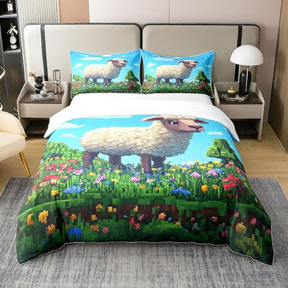 Castle Fairy Cute Sheep 100% Natural Cotton Duvet Cover Queen Pixel Style Farm Animals Comforter Cover Colorful Floral Geometric Games Bedding Set 3 Pcs Bed Cover,Comforter Not Included