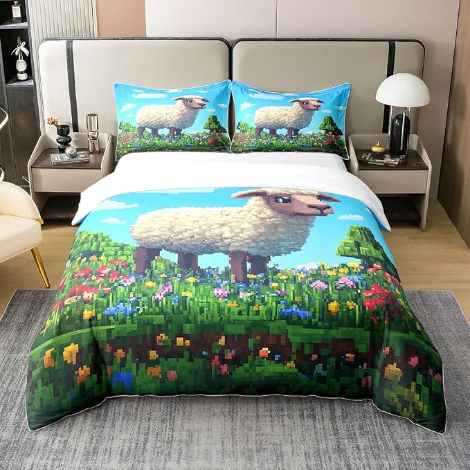 Cute Sheep 100% Cotton Bedding Set Pixel Style Farm Animals Comforter Cover Set for Kids Teens Bedroom Decor Colorful Floral Geometric Games Duvet Cover (No Comforter) Full Size 3 PCS