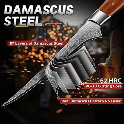 TIJERAS Damascus Fillet Knife 7 Inch - Professional VG-10 Super Sharp Boning Knife for Meat Poultry Chicken Cutting, Japanese Fish Knives with Ergonomic Wood Handle, Birthday Gifts for Men Women