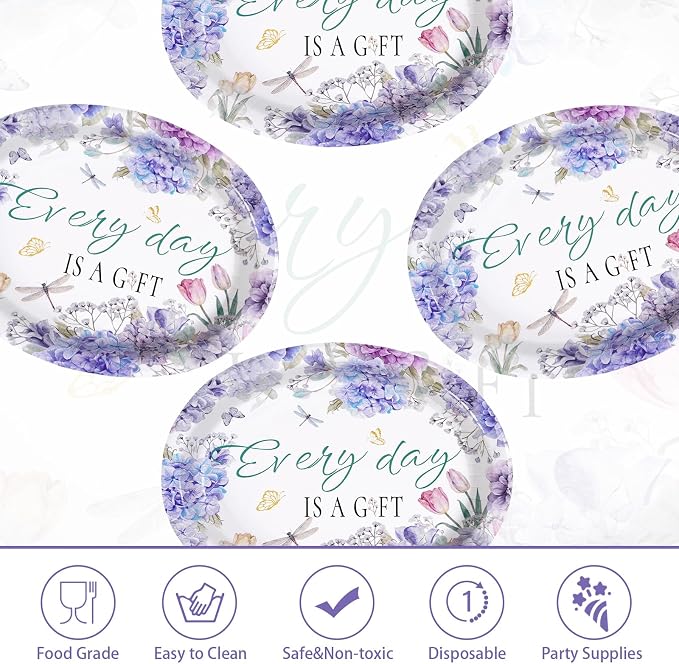 50Pcs Hydrangea Oval Paper Plates 10" x 12" Large Disposable Heavy Duty Purple Floral Dragonfly Paper Platters Every Day Is A Gift Dessert Plates for Wedding Bridal Shower Dinner Party Supplies