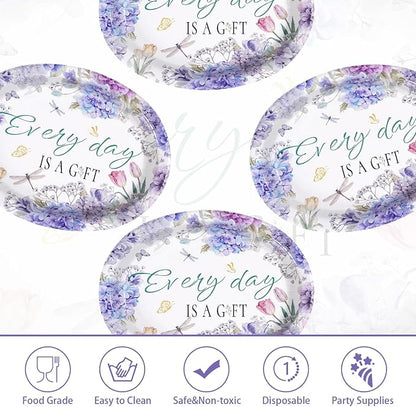 50Pcs Hydrangea Oval Paper Plates 10" x 12" Large Disposable Heavy Duty Purple Floral Dragonfly Paper Platters Every Day Is A Gift Dessert Plates for Wedding Bridal Shower Dinner Party Supplies