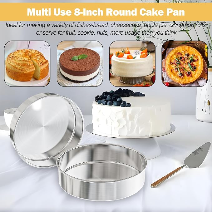 8 Inch Cake Pan Set of 3, 2Pack Cake Pans & 1Pack Parchment Paper(100 Sheet), Stainless Steel Round Layer Cake Baking Pans, Circle Cake Pan Tins for Birthday Christmas, Healthy & Dishwasher Safe