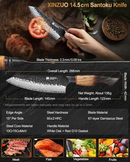 XINZUO 5.7 Inch Damascus Small Santoku Knife,67-Layer Damascus Steel Razor Sharp Blade,Multi-Purpose Kitchen Knife For Meat,Vegetables & All Tasks With White Oak + Red G10 Gasket Handle