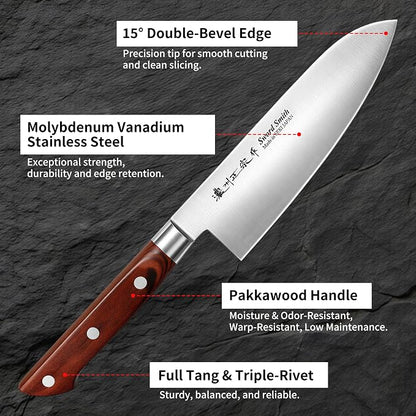 6.7 Inch Santoku Knife, Made in Japan, Full Tang High Carbon Molybdenum Stainless Steel Japanese Chef Knife with Pakkawood Handle,Kitchen Knife for Slicing Meat & Vegetables