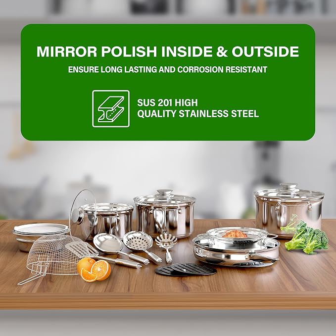 YSSOA 18-Piece Stainless Steel Kitchen Cookware Set, Including Saucepan, Casseroles with Tempered Glass Lid, Frypan, Steamer, Salad Bowl , Fryer Basket, Heat Resistant Mat & Utensils Set, Silver