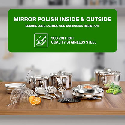 YSSOA 18-Piece Stainless Steel Kitchen Cookware Set, Including Saucepan, Casseroles with Tempered Glass Lid, Frypan, Steamer, Salad Bowl , Fryer Basket, Heat Resistant Mat & Utensils Set, Silver
