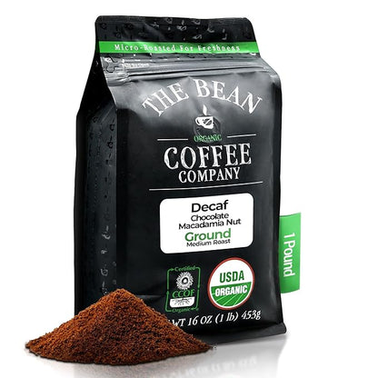 The Bean Organic Coffee Company Water Processed DECAF Chocolate Macadamia Nut, Medium Roast, Ground Coffee, 16-Ounce Bag, Café Molido Tostado Orgánico descafeinado