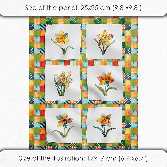Daffodil Patchwork Cotton Fabric Panel – 6 Designs (10×10 inch Each) + Bonus Patchwork Sheet 29.5×19.6 inch, 100% Cotton 140 GSM