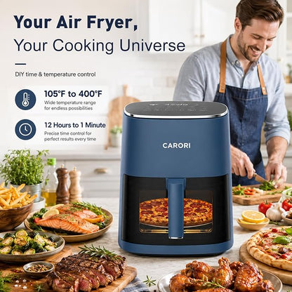 CARORI 6 Qt Air Fryer with Viewing Window, 12 Presets, 1700W, 400°F Max, Large Nonstick Dishwasher-Safe Basket, Bake, Roast, Reheat, Dehydrate, Blue