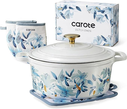 CAROTE 5 QT Cast Iron Dutch Oven Pot with Lid, Enameled Floral Dutch Ovens with Cotton Potholders & Oven Gloves, Gift Box, Cast Iron Pot for Sourdough Bread Baking, Braising, Stews, Roasting, Dual Handles, All Stovetop Compatible, Oven Safe up to 500° ...