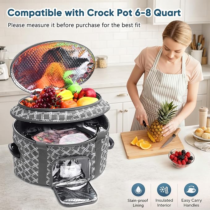 BAGSPRITE Double-layer Slow Cooker Carrying Case for Crock Pot 6-8 Quart, Insulated Crockpot Carrier with Adjustable Lid Straps,Portable Slow Cooker Travel Bag for Potluck, Parties, Family Gatherings