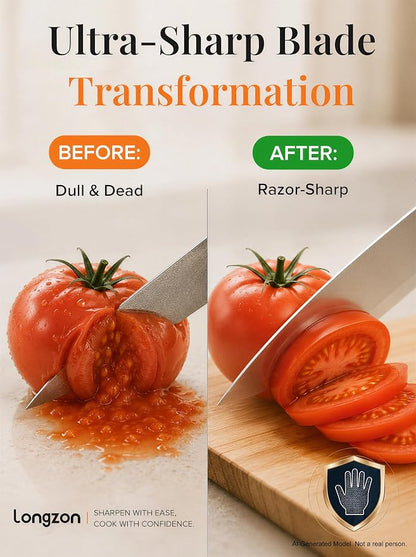 Longzon 6-in-1 Knife Sharpener 5 Stage with Cut-Resistant Glove, Manual Kitchen Tool for Scissors, Straight & Serrated Knives, Quickly Sharpens Restores & Polishes Dull Blades Safe for Home Kitchen