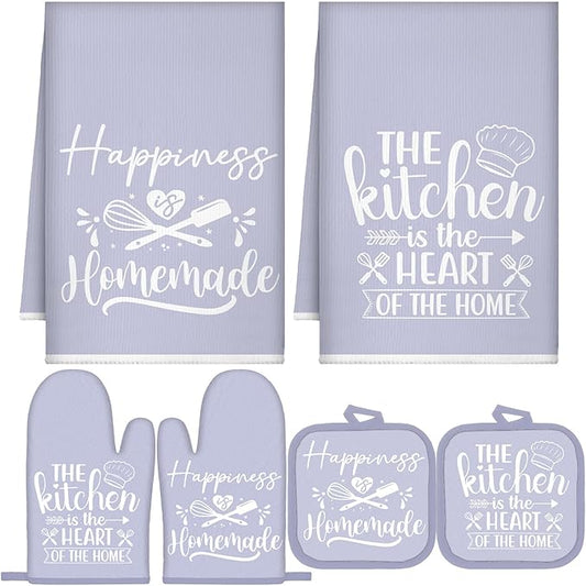 Sratte 6 Pcs Kitchen Decor Accessories Set Farmhouse Towels Pot Holders Oven Mitts Set 2 Dish Towels 2 Potholders 2 Cooking Mittens Oven Glove for Christmas Baking Cooking(Dreamy Purple,Kitchen)