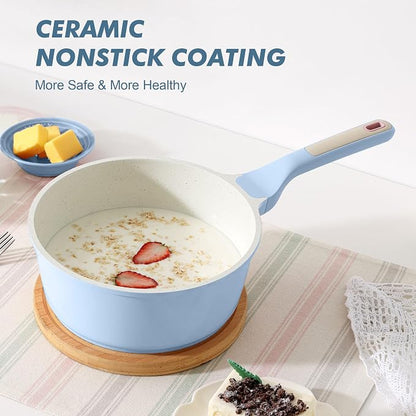SENSARTE Ceramic Nonstick Saucepan with Lid 2.0 Quarts, Small Cooking Pot with Stay Cool Handle, Induction Compatible, Ceramic Coating, Free of Intentionally Added PTFE/PFOA/PFAS, Glacier Blue