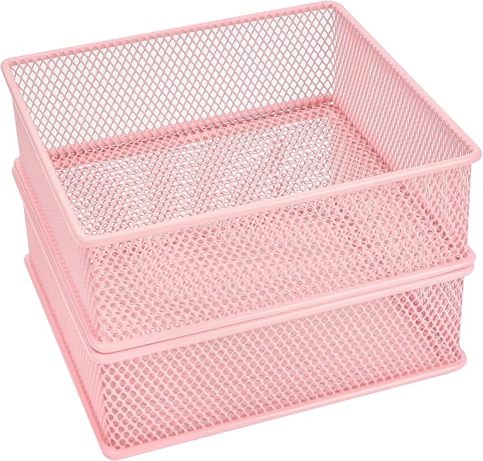Annova Mesh Stackable Drawer Cabinet and Shelf Organizer Bins Storage Basket School Office Supply Holder Tray- Set of 2 (Light Pink, 6x6x2 Inch)