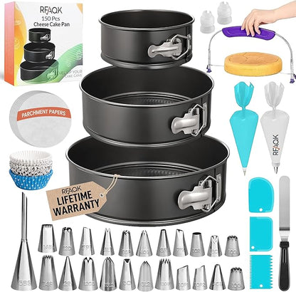 RFAQK 150PCs Cake Pan Set for Baking + Cake Decorating Supplies: 3 Round Non Stick Springform Pan Set (4, 7, 9 inches),24 Icing Tips,Cake Leveler–Multi-functional Leak-Proof Cake Pans & eBook