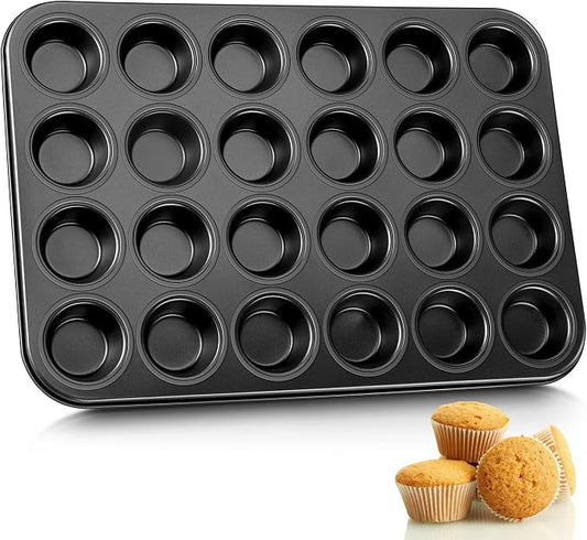 E-far Mini Muffin Pan - 24-Cup Nonstick Carbon Steel Cupcake Tin for Perfect Mini Muffins & Cupcakes, Warp-Free Bakeware for Even Baking & Easy Release, Oven Safe