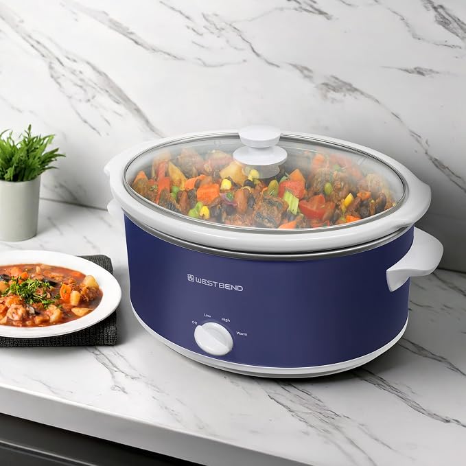 West Bend Slow Cooker 6-Quart Manual Crockery Style with Dishwasher Safe Oval Ceramic Crockpot and Glass Lid Two Temperature Settings Plus Keep Warm, 330-Watts, Navy