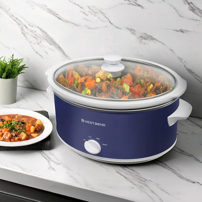 West Bend Slow Cooker 6-Quart Manual Crockery Style with Dishwasher Safe Oval Ceramic Crockpot and Glass Lid Two Temperature Settings Plus Keep Warm, 330-Watts, Navy