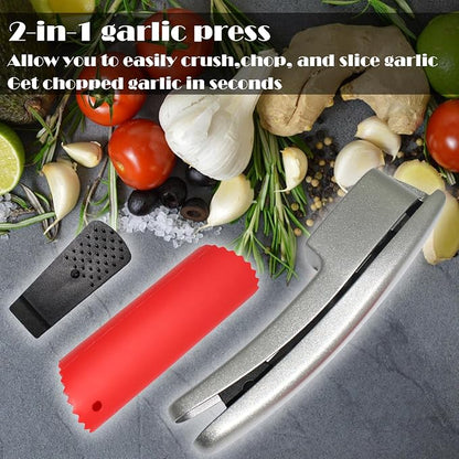 2-in-1 Professional Garlic Press and Peeler Set, Aluminium Press with Built-in Cleaner, Manual Crusher and Mincer for Unpeeled Garlic Cloves,Fast And Portable Garlic Peeler