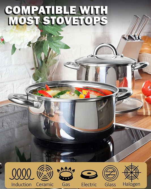 Cook N Home Basics Stainless Steel Pots Set, 1.5 & 3 Qt Sauce Pots with Lid, 5.5 Qt Dutch Oven Stockpot, Induction Compatible, Dishwasher & Oven Safe, Riveted Handles, 6-Piece