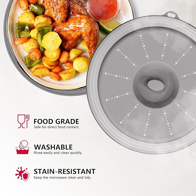 WVM Microwave Splatter Cover Vented for Food with Hook Hole, Splatter Guard & Colander Kitchen Gadget for Food, Meal Prep, Cover & Mat(Grey), M(11"x3.26")-Pack of 1