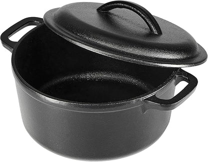 Amazon Basics Pre-Seasoned Cast Iron Mini Dutch Oven Pot with Lid and Dual Handles, Oven Safe, 2-Quart, Round, Black