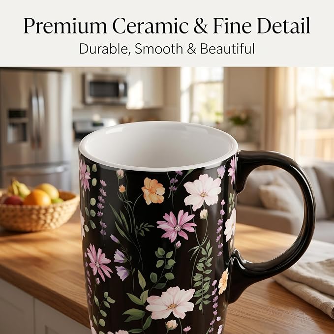Topadorn 17oz Black Wildflower Ceramic Travel Mug with Lid, Dark Floral Coffee Cup, Microwave & Dishwasher Safe, Gift Box Included