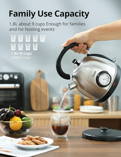 Retro Electric Water Kettle 1.8L Stainless Steel for Boiling Water with Temperature Gauge, Visible Water Level Line, Led Light, Auto Shut-Off & Boil-Dry Protection, 1500W Fast Heating