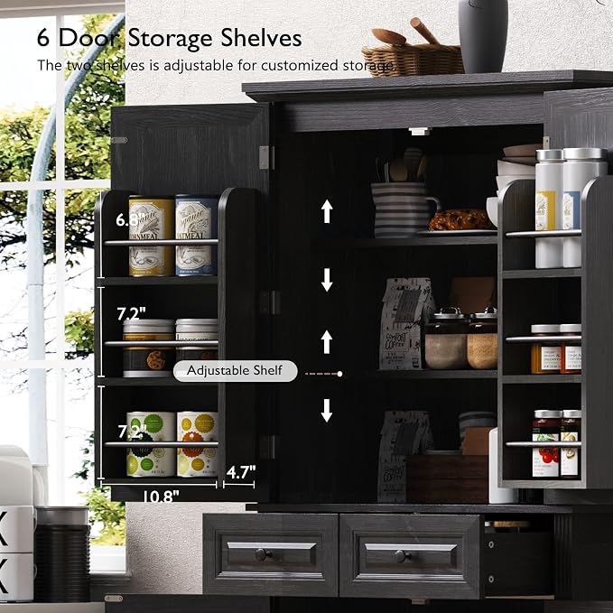71.2" Tall Kitchen Pantry Cabinet with 3 Pull Out Cabinets Organizer, Farmhouse Embossed Texture Storage Cabinet with 6 Door Shelves, 2 Drawers, Black Freestanding Cupboard for Kitchen, Dining Room