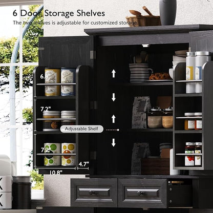 71.2" Tall Kitchen Pantry Cabinet with 3 Pull Out Cabinets Organizer, Farmhouse Embossed Texture Storage Cabinet with 6 Door Shelves, 2 Drawers, Black Freestanding Cupboard for Kitchen, Dining Room