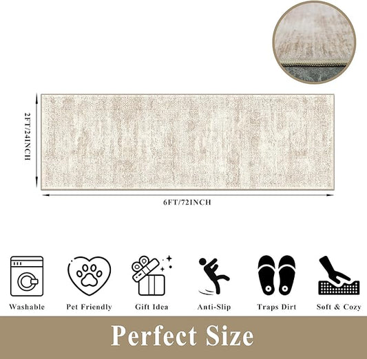 2x6 Runner Rug Hallway Washable, Non Slip with Rubber Backing Carpet for Kitchen Bathroom Neutral Moroccan Vintage Oriental Distressed Area Rugs for Bedroom Laundry Room Entry Entryway, Cream/Beige