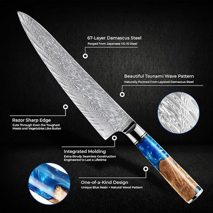 SENKEN Damascus Steel Chef's Knife - Tsunami Collection - 67-Layer Japanese VG10 Steel Core - Unique Blue Resin & Natural Wood Handle, Razor Sharp, Beautiful Damascus Wave Pattern (8" Chef's Knife)
