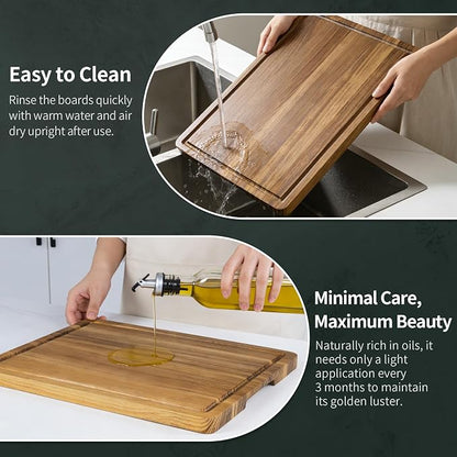 Teak Cutting Board for Kitchen, Teak Wood Chopping Boards with Juice Groove & Handles 16 Inch Wooden Hardwood Cutting Board Heavy Duty Butcher Block for Cooking and Serving